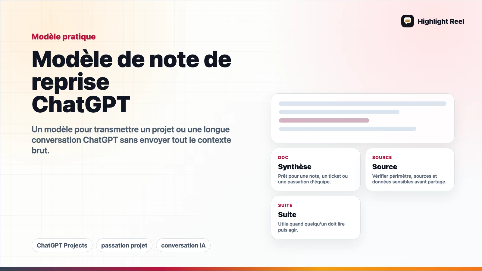 Modèle de note de reprise ChatGPT : décisions, fichiers et prochaines actions