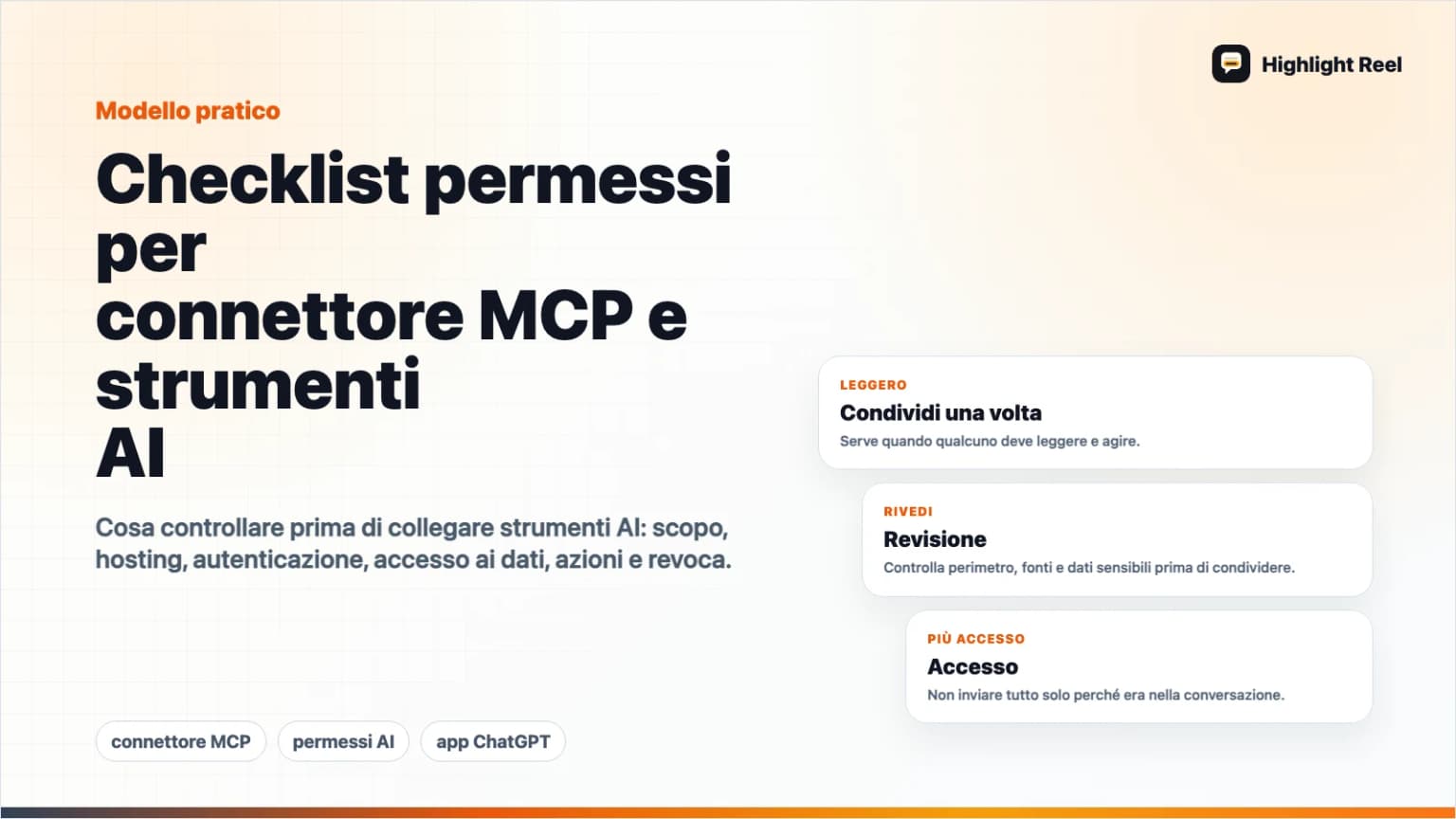 Checklist permessi per connettore MCP e strumenti AI