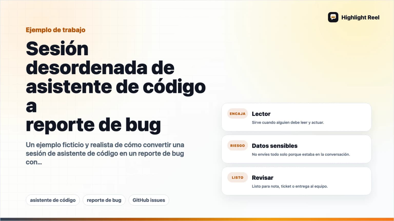 Sesión desordenada de asistente de código a reporte de bug: ejemplo realista