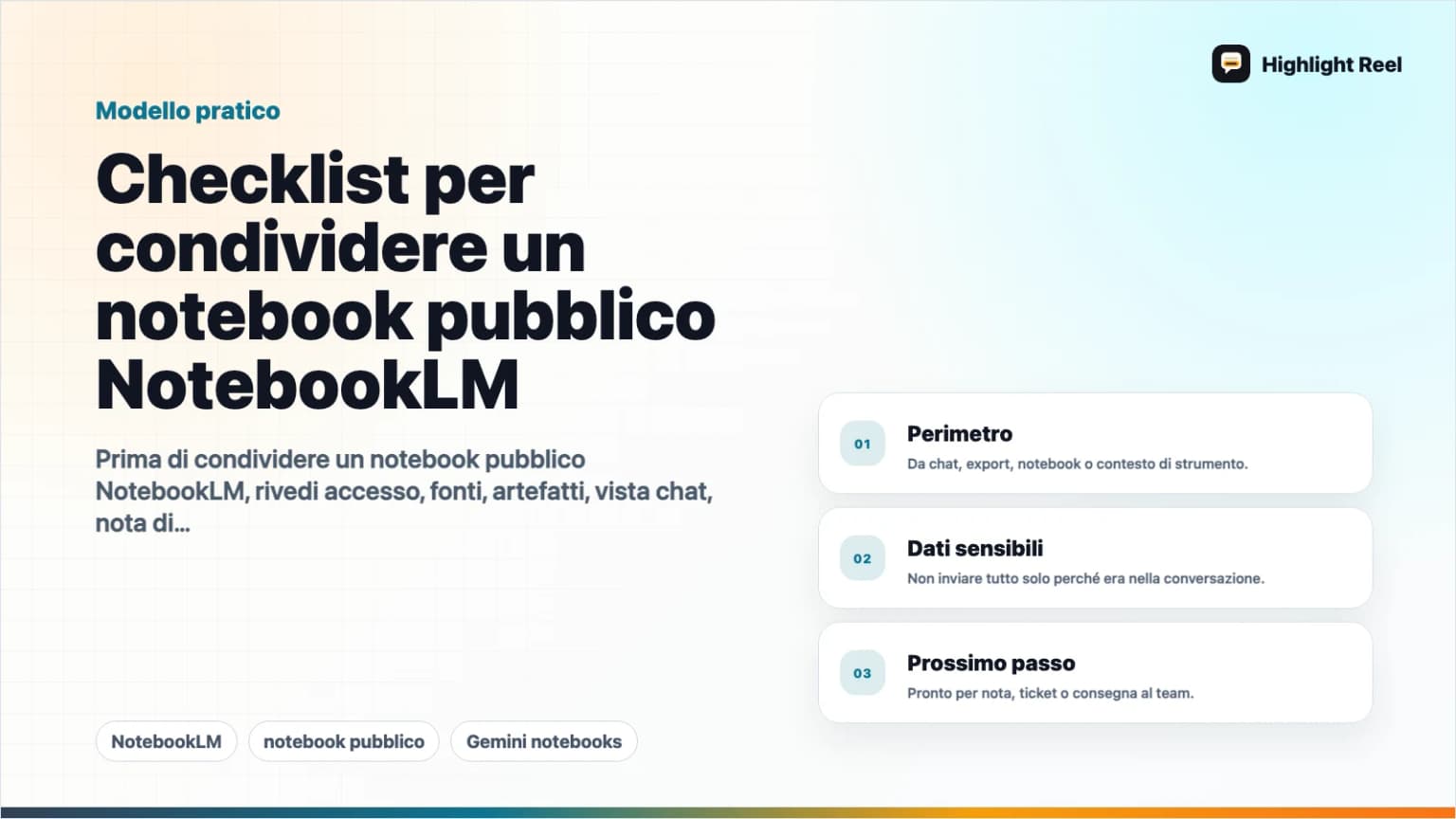 Checklist per condividere un notebook pubblico NotebookLM