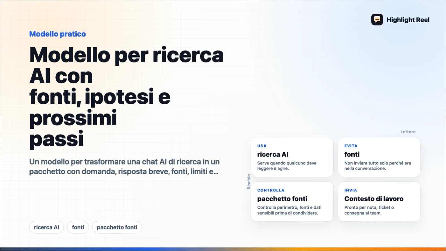 Modello per ricerca AI con fonti, ipotesi e prossimi passi