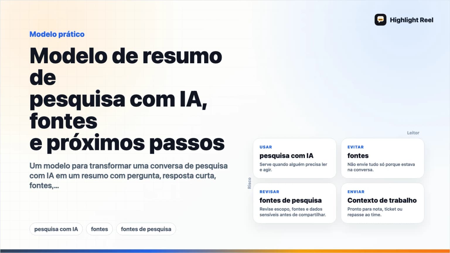 Modelo de resumo de pesquisa com IA, fontes e próximos passos