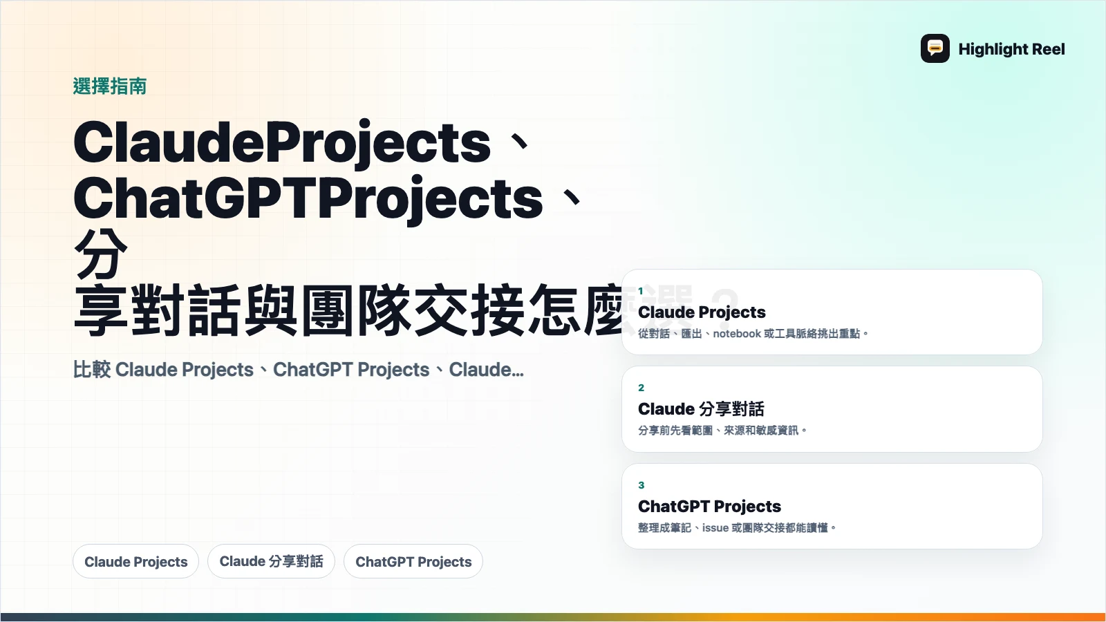 Claude Projects、ChatGPT Projects、分享對話與團隊交接怎麼選?