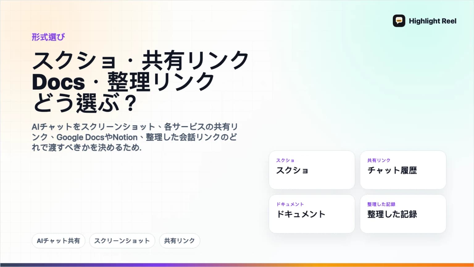 スクリーンショット、共有リンク、Google Docs、整理した会話リンクの選び方