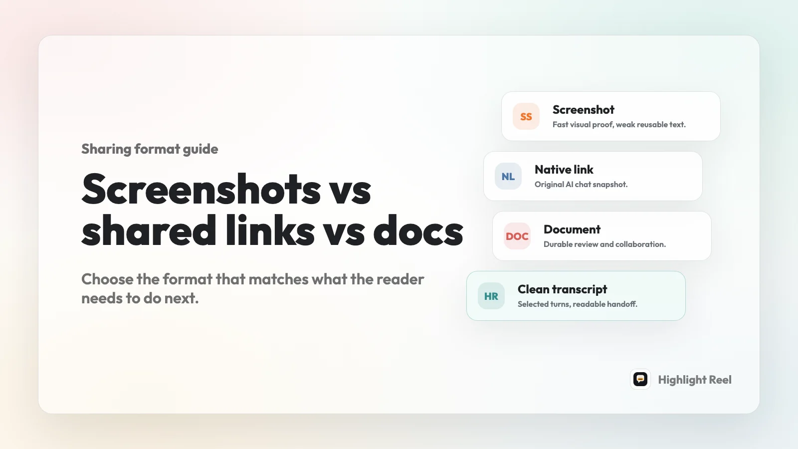 Screenshots vs Shared Links vs Docs vs Clean Transcripts